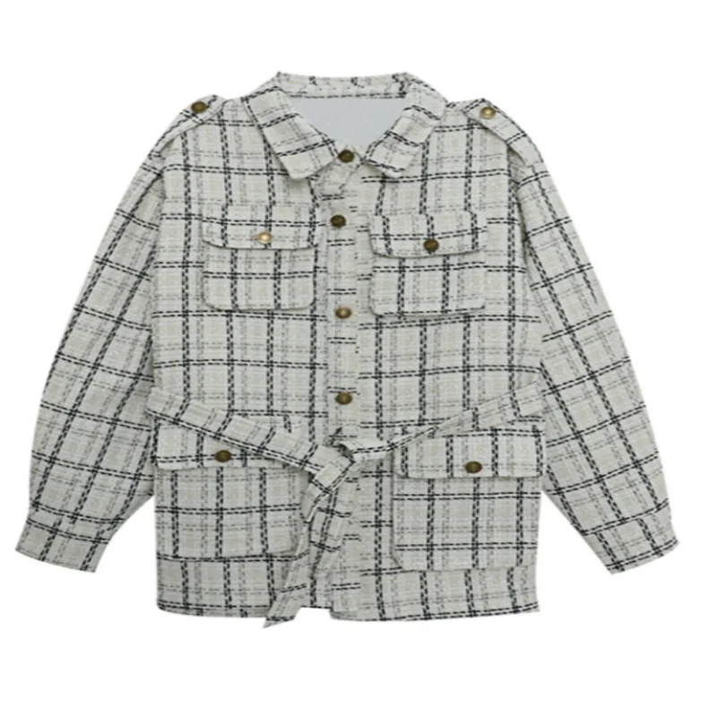 

Women Autumn Woolen Coats 2021 Fashion Spring Female Plaid Color Retro Vintage Outercoats Korean With Belt Pockets Black White