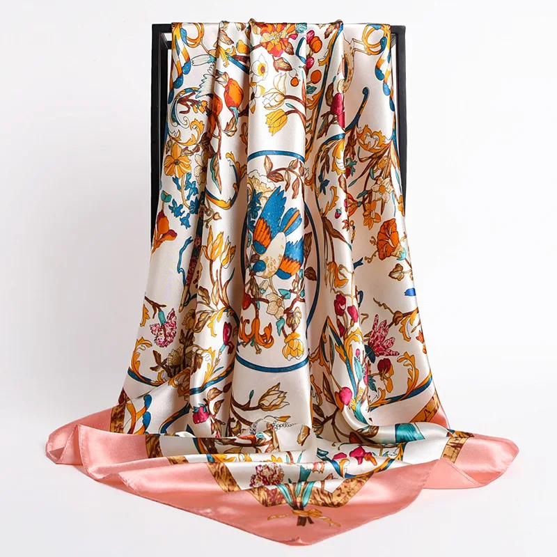 

Floral Printing Square Scarf Satin Silk Hijab Muslim Wrap Shawls Muffler Heandband High Quality Bandana Neckerchief 90*90cm