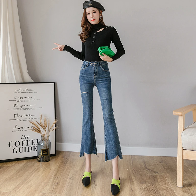 

Высокая талия голенище Джинсы женские qiu han издание шоу Нерегулярные тонкие заусенцы шикарные новые рога девять минут брюки