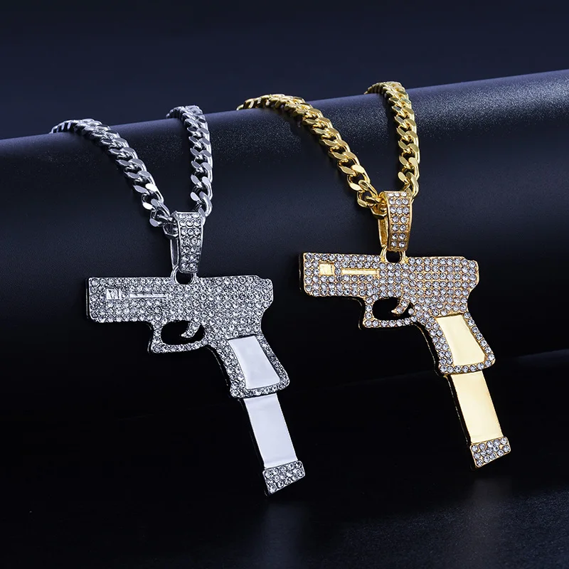 

Jewelry New Fashion Retro Full Zircon Handgun Cool Rock Necklace Men's Hip Hop Party Pendant Necklace Gold Jewelry for Men Gifts
