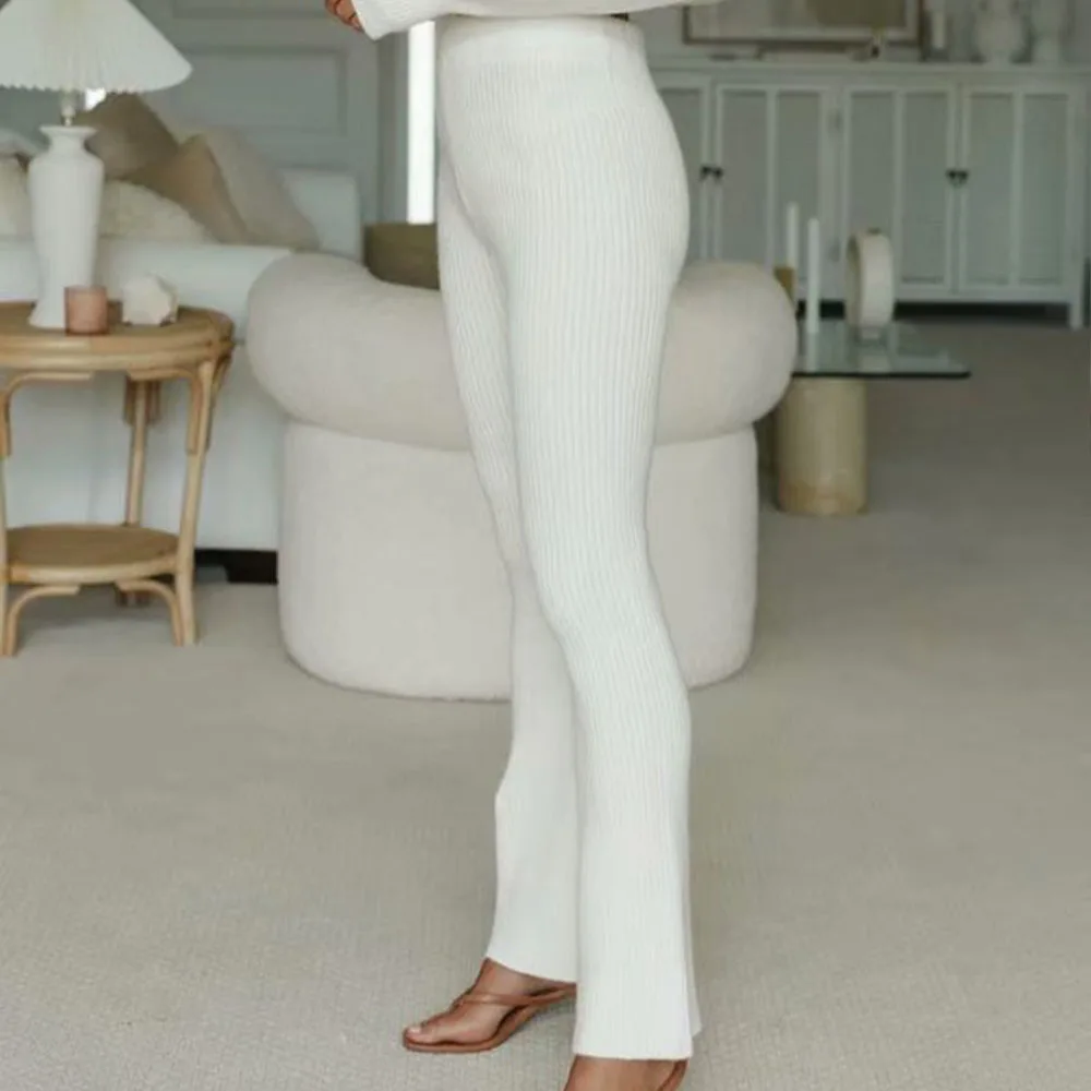 

2021 Za Summer Women Chic Fashion White Knitting Straight Pants Vintage High Elastic Waist Female Trousers Mujer