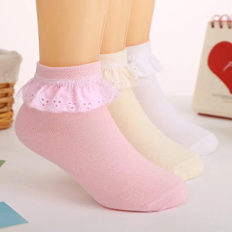 3 Pairs Autumn 1-11Y Kids Girls Socks With Lace Anti-slip Socks Breathable Mesh Short Socks White Pink Cotton Baby Princess Sock
