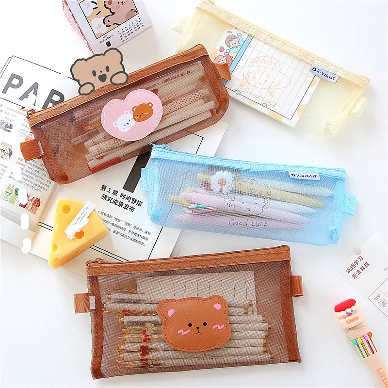 

Lovely Reticulated Kawaii Bear Transparent Pencil Case Creative Students Man woman Stationery Box Practical Cartoon Cute Pouch