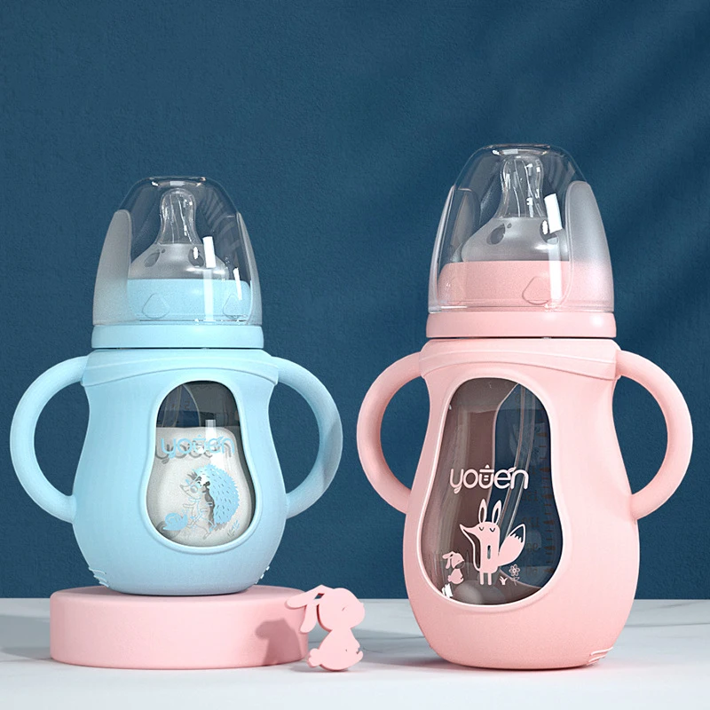 

Cute Glass Baby Bottle Soft Feel Silicone Straw Water Drink Bottles for Baby Baby Feeding Bottle Baby Food Storage Container