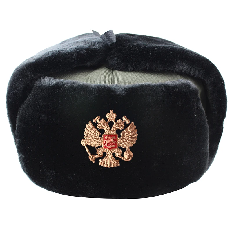 Black Eagle Badge Советская армия, военный значок, Россия, ушанка, шапки-бомберы, летчик, охотник, шапка, зимняя, искусственный мех кролика, ушанка, мужские снежные шапки - Цвет: Black Eagle Badge