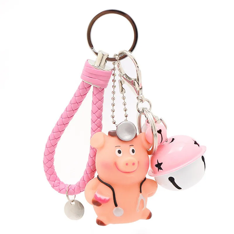 

Fashion Women Jewelry Gifts Key Chain Lovely Bell Pig Keyring Car Key Holder Simple Leather Keychain