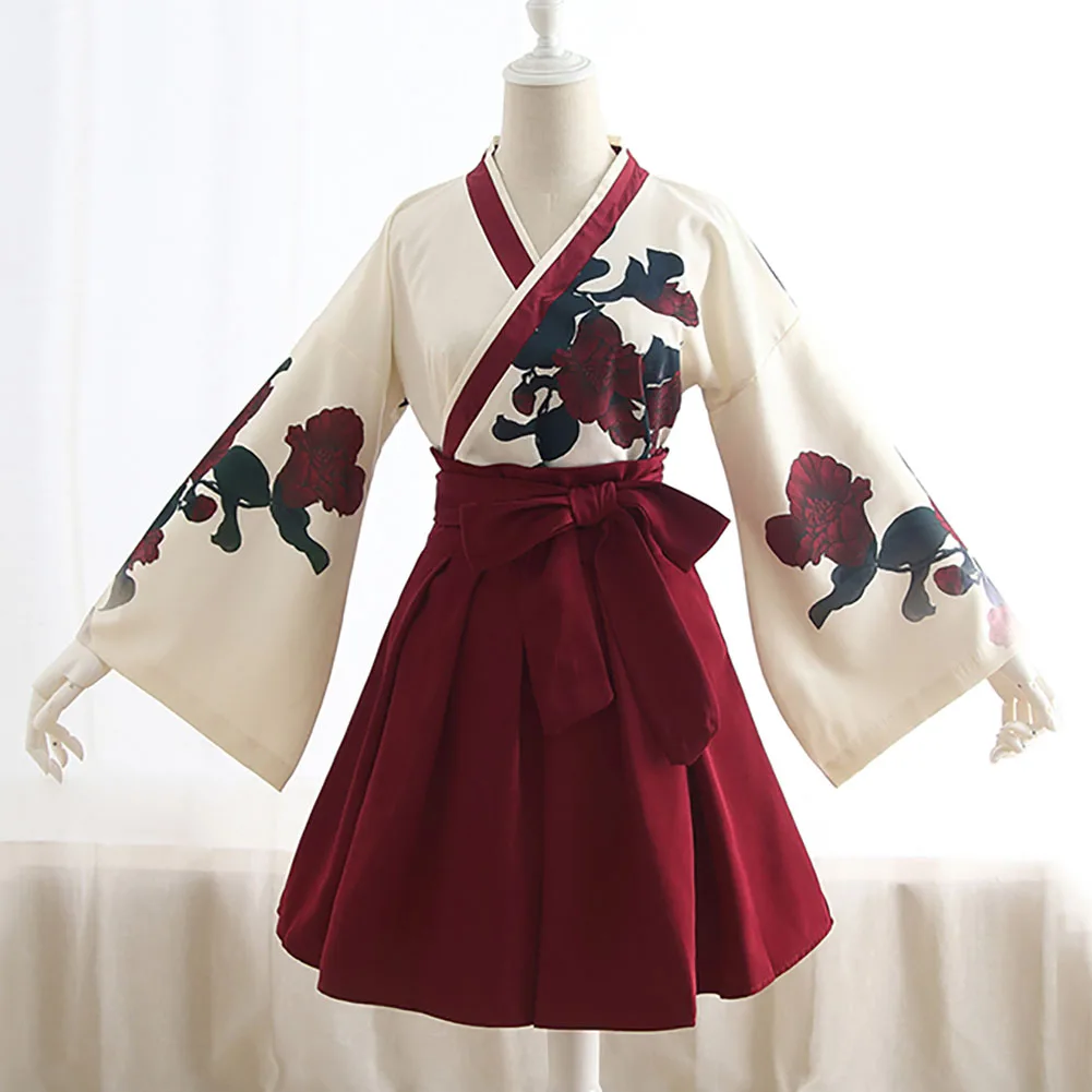 Женское кимоно в стиле Хакама с цветочным принтом завышенной талией японском