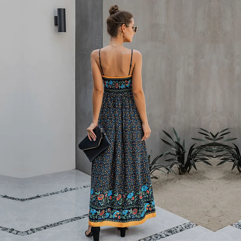 

Women's Dress Summer Ladies Sexy Spaghetti Strap Floral Dress Women Casual V Neck Sleeveless Print Ethnic Bohemia Long Dress