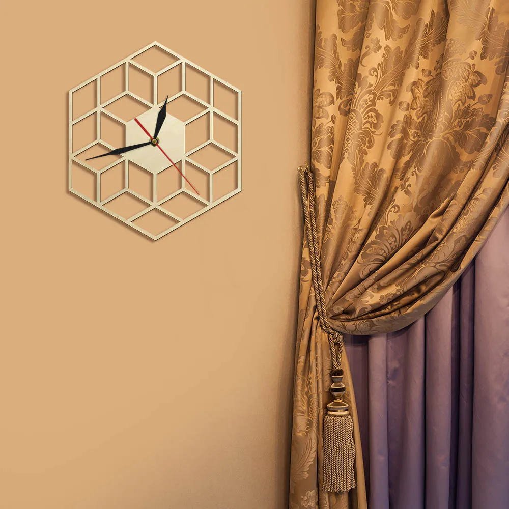 Кубические вдохновленные шестигранные деревянные настенные часы бесшумные не
