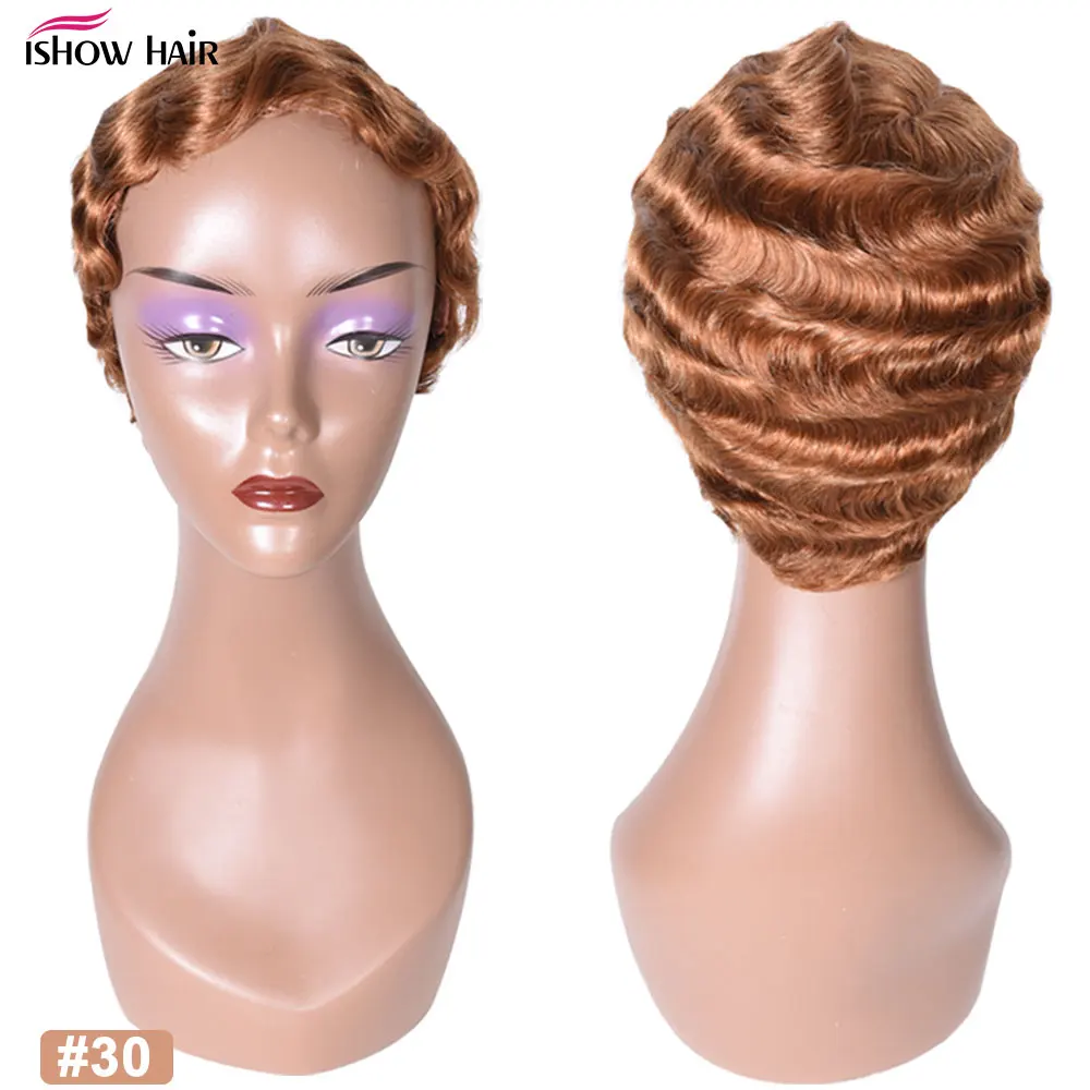 Парик Ishow Finger Wave 100% человеческие волосы парики Pixie Cut цветные Короткие Bob для