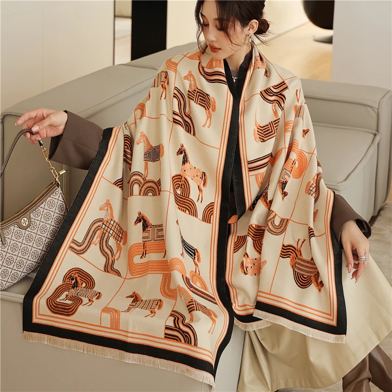 

Winter Scarf Women Warm Cashmere 2021 Luxury Pashmina Design Print Horse Shawls Double-sided Thick Foulard Bufanda
