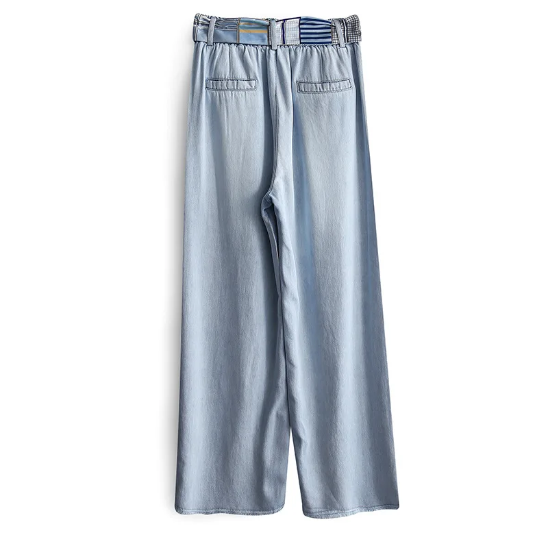 

2020 Spring Summer fashion Solid Denim Trousers For Women 100% Cotton High Waist Lace Up Straight Wide Leg Jeans