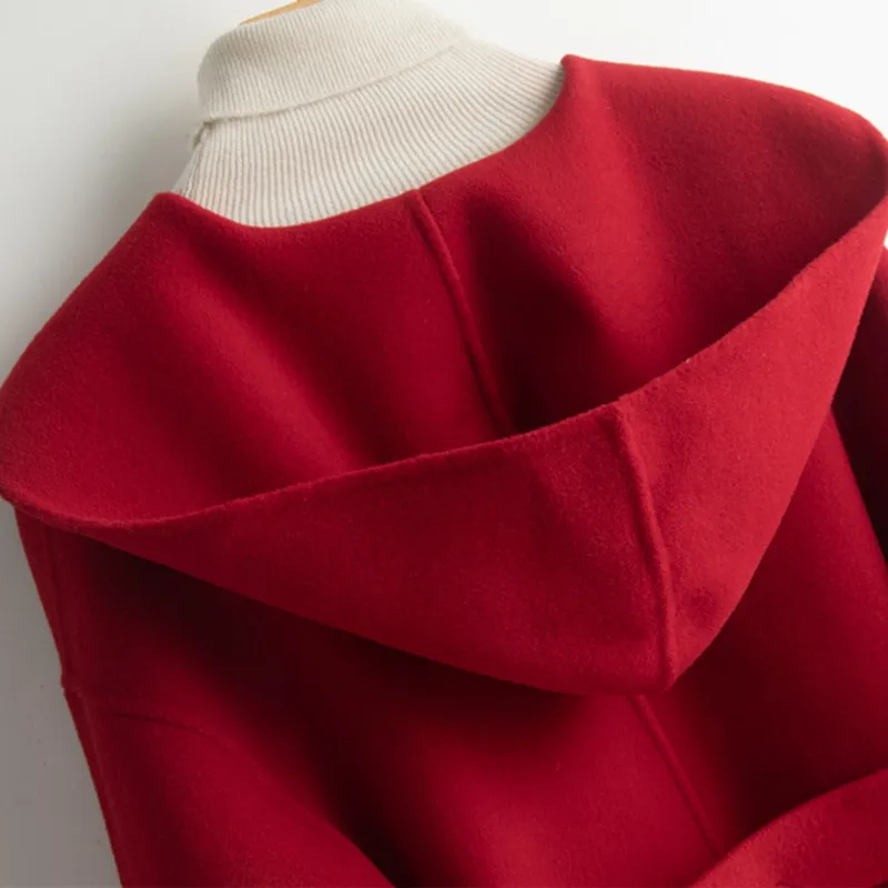 

Hooded Solid Double Sided Wool Coat Women Outerwear 2021 Autumn Elegant Clothes Mid-Length Winter Jacket Casaco Feminino