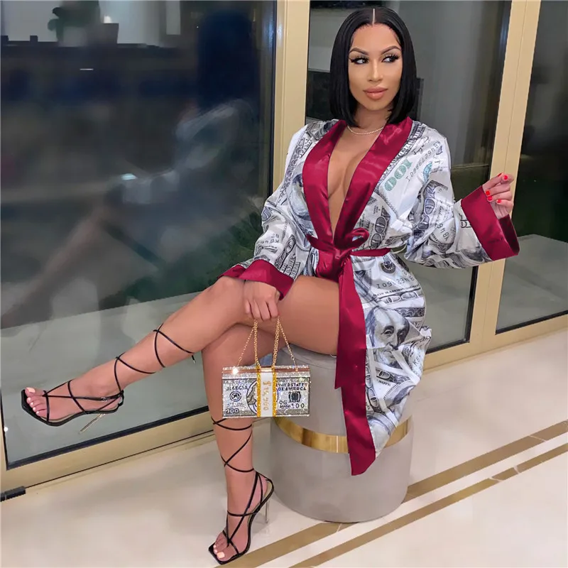 2020 модная женская пижама для денег Бандажное платье средней длины с длинным
