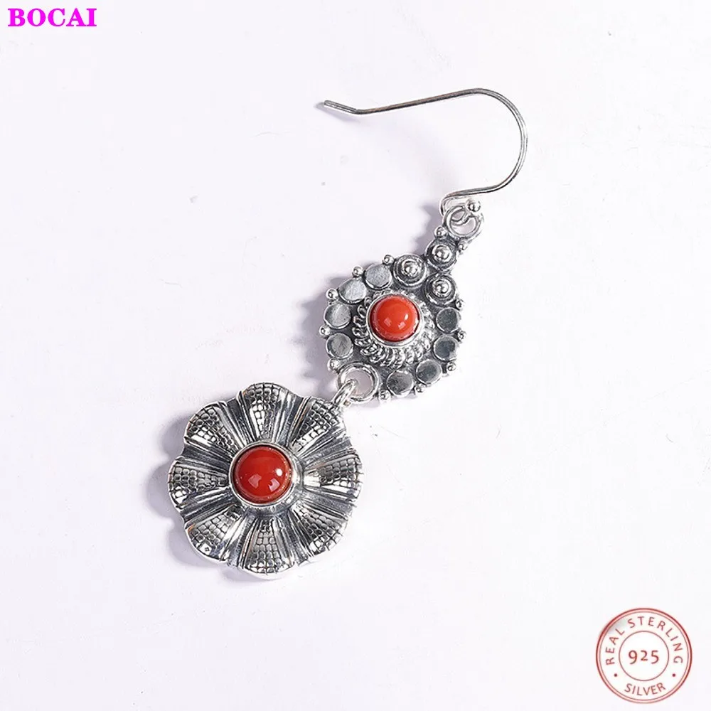 

Тайские серебряные серьги ушные капли для женщин ретро старинные S925 стерлингового серебра ювелирные изделия женские Южно-красный камень ж...