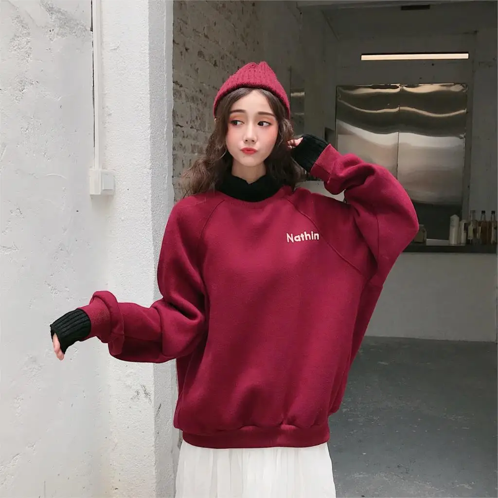 

Winter Warm Green Silk Sweatshirt for Women Long Sleeve Pure Soft Hoodies Fashion Korean Loose Velvet Thick Tops Clothes