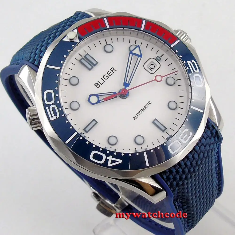 Стерильные мужские часы B268 41 мм с белым циферблатом и синим керамическим