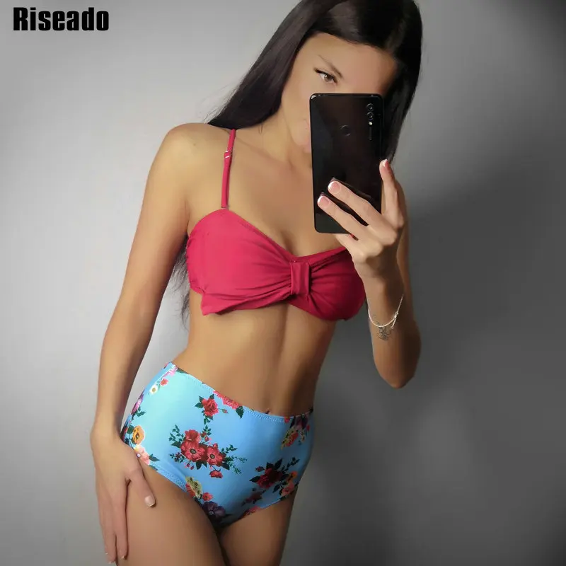 Riseado, сексуальное бикини с бантиком, на бретелях, бандо, купальник для женщин, высокая талия, купальники, цветочный принт, летняя пляжная одежда, купальные костюмы