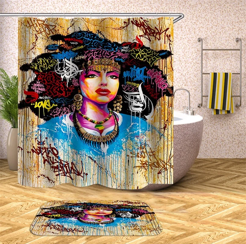 

Durable Waterproof Shower Curtain African American Women Partten Polyester Multi-size Cortina De Bano Bathroom Curtain with Hook