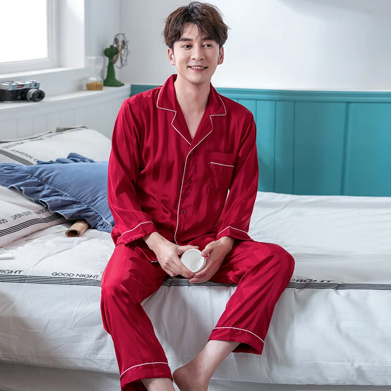 

Summer Mens Satin Pyjamas Set Home Clothes 2PCS Pojama Long Sleeve Men's Sleepwear PJ With Button Red Solid Loungewear Pajamas