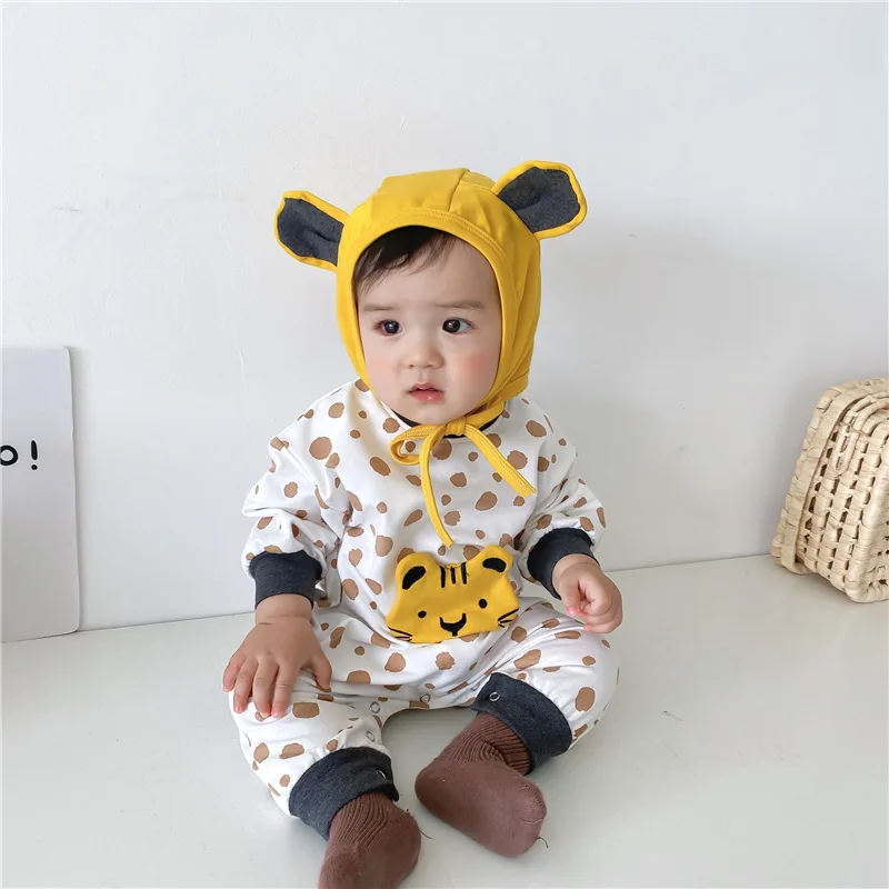 

Autumn New Baby Jumpsuit Cartoon Tiger Jumpsuit Baby Round Neck Cute Long-Sleeved Romper + Hat Set