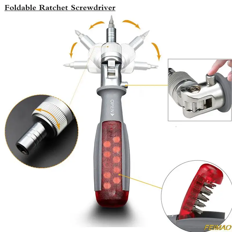 

1Set 11 In 1 180°Rotation Foldable Ratchet Screwdriver 1/4 Inch Inside Hexagon Adjustable Angle Convenient Household Repair Tool