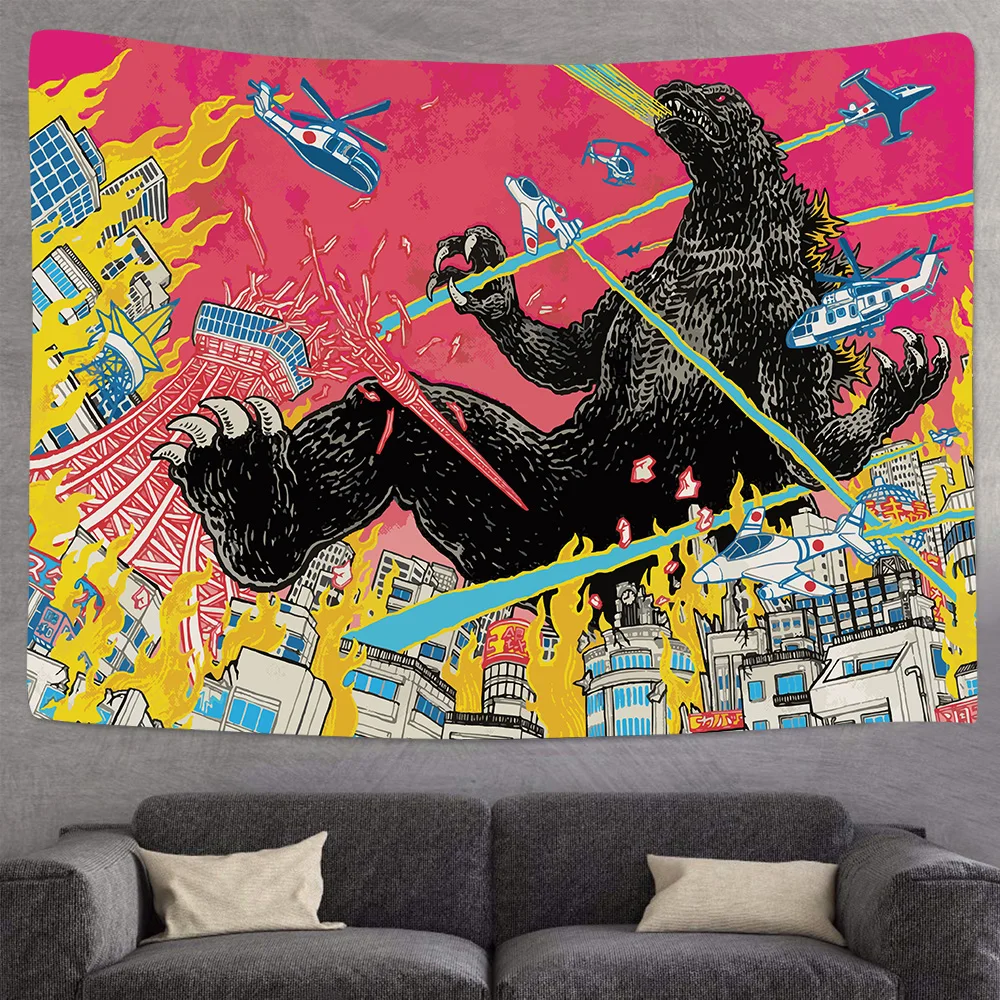 

Japanese Cartoon Dinosaur Tapestry Wall Hanging Witchcraft Hippie Rug Carpet Dinosaur Tapestries Aircraft war Bohemian Home Art