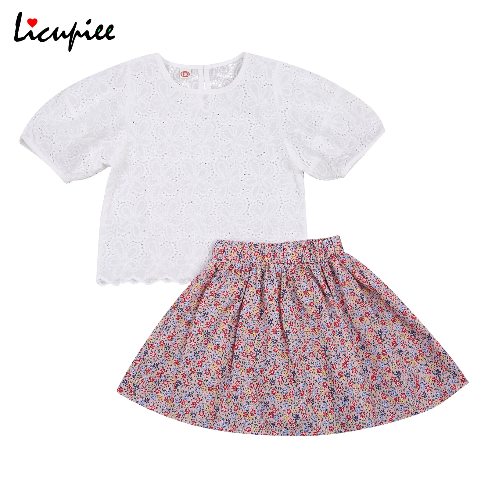 

Костюм для девочек 3-8 лет, с круглым воротником, с коротким рукавом, с короткой юбкой, с кружевным топом, с цветочным принтом, комплект из двух...