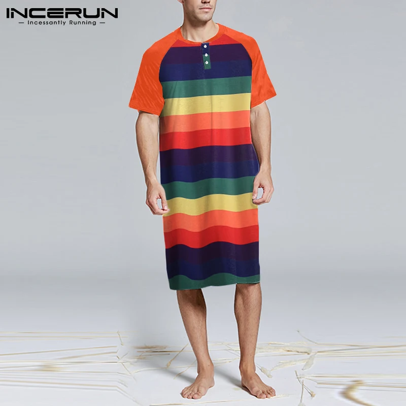 

INCERUN 2021 Summer Striped Men Casual Sleep Robes Short Sleeve Round Neck Sleepwear Bathrobes Man Leisure Patchwork Nightgowns