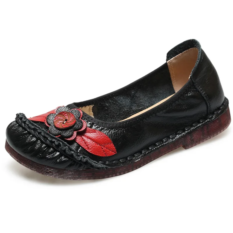 

Glglgeg 2020 Spring Handmade Vintage Round Toe Flats Shoes Woman Genuine Leather With Flowers Soft Bottom Slip-On Ladies Loafers