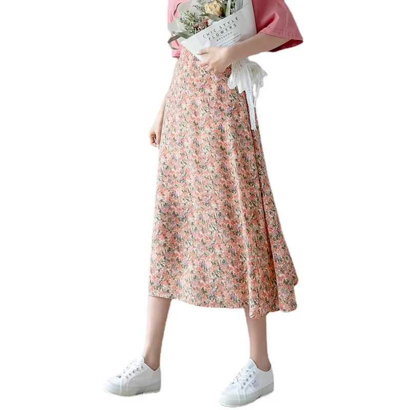

Summer Sweet High Waist Mid-Length Floral Printing Skirt Korean Style Elastic Waist Long Skirt Casual Female A- Line Skirt