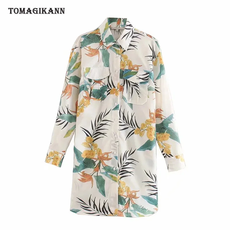 

2020 Women Tops and Blouse Spring Korean Leaf Print Pockets Blouses Shirt Female Loose Long Blouse