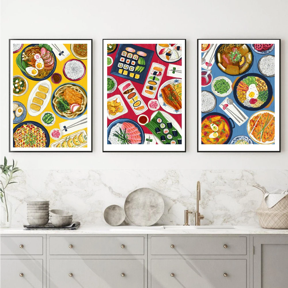 

Food Prints Canvas Painting,Korean Japanese Sushi Poster,Foodie Cuisine Kitchen Wall Art Picture Modern Restaurant Decor