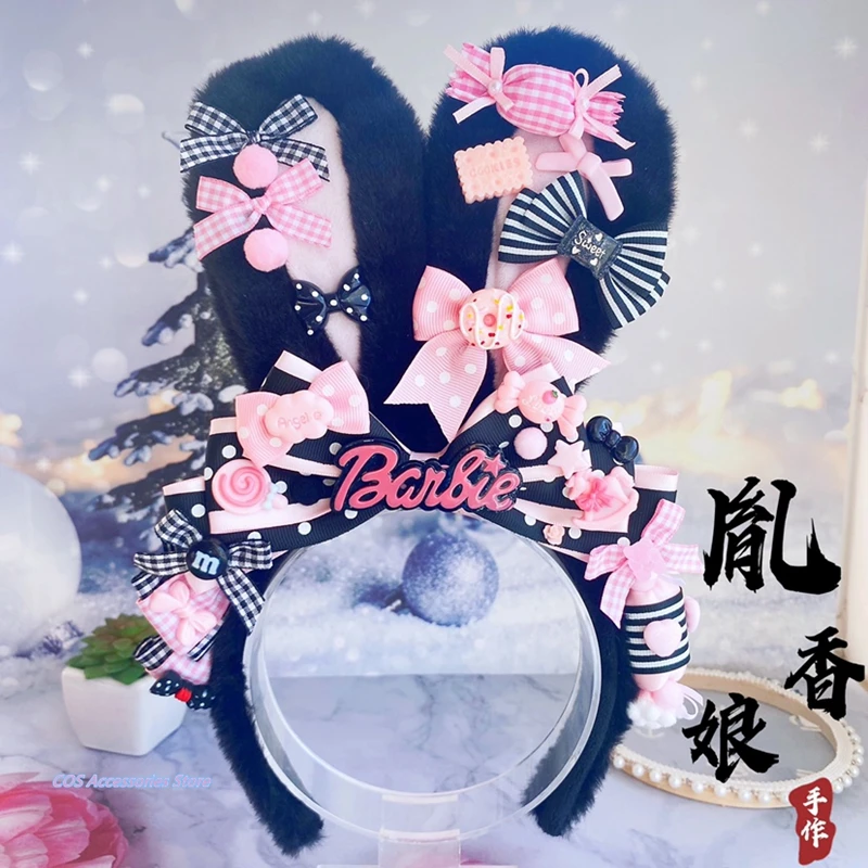 

Japanese Original Handwork Lolita Sweet Plush Rabbit Ears Hair Hoop Candy Love Bowknot Strawberry Headdress Hair Accessories
