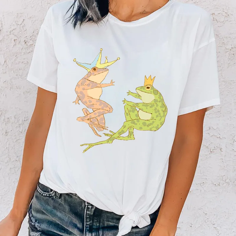 

Women T Shirts 2021 Summer Cute Frog Print Graphic Tee Tshirt Femme 90s White Ladies T-shirt Harajuku Casual Female Tshirt Xxxl
