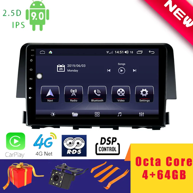 9 &quotAndroid 10 0 Восьмиядерный автомобильный Радио GPS навигация для Honda Civic 2016 головное