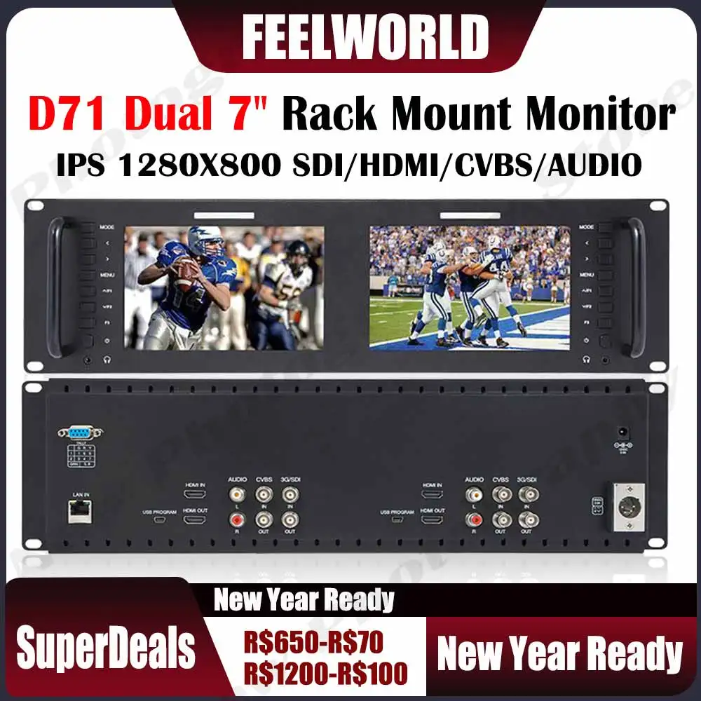 Монитор Feelworld D71 Dual 7 дюймов 3RU IPS 1280x800 широковещательный с креплением на стойке и поддержкой HDMI 3G-SDI