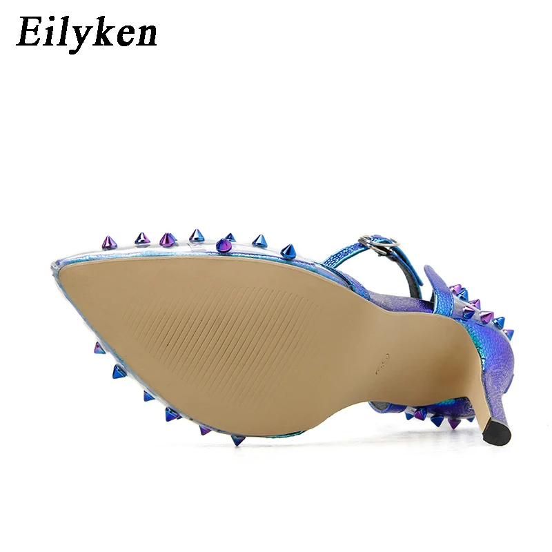 Eilyken/Новинка года; пикантные женские туфли-лодочки из ПВХ с заклепками; модная обувь; женские Вечерние туфли на высоком каблуке с ремешком и пряжкой на лодыжке