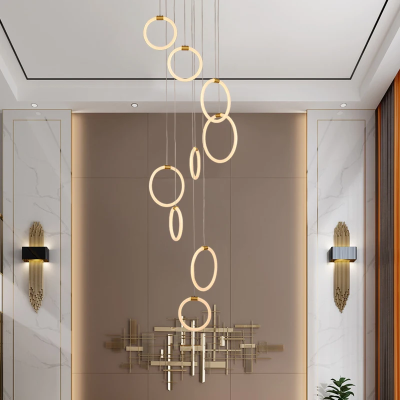 Satin Al LODOOO Modern Led Avize Aydınlatma Salonu Döner Merdiven Asılı Lamba Akrilik Yüzükler Yaratıcı Kombinasyon çatı Avizeler