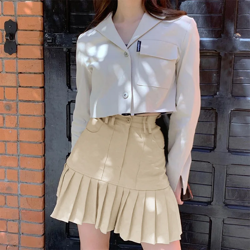 

Vintage Pleated High Waisted A-Line Mini Skirts Women Khaki Streetwear Summer Skirt Woman Casulal Solid Skirts Womens 2021 Club