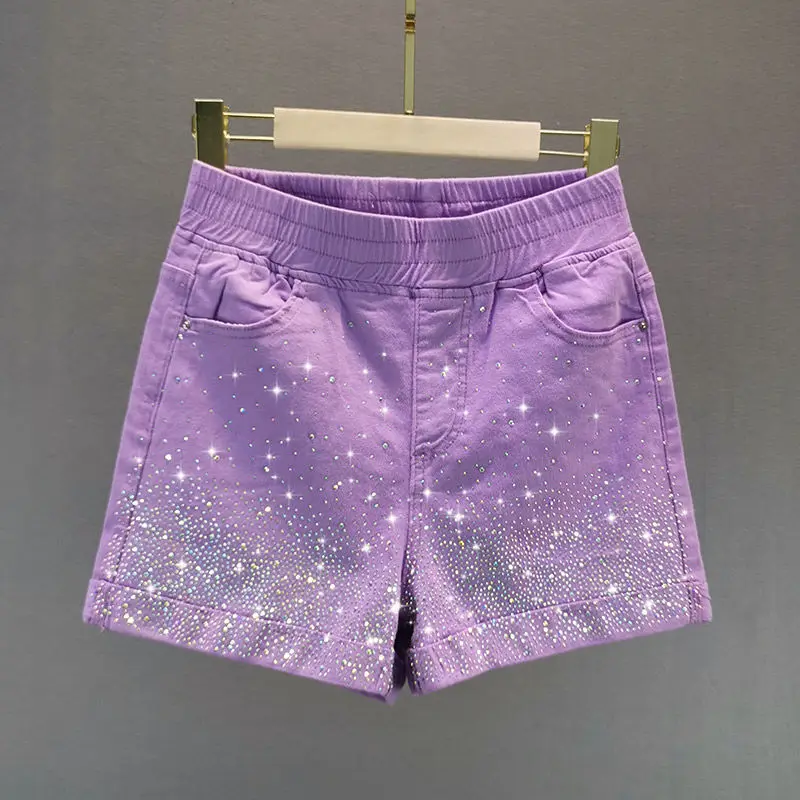 

2021 Women Spring Summer Casual Loose Shorts Lady Beading High Waist Wide Legs Denim Shorts Female Vintage Shorts G805