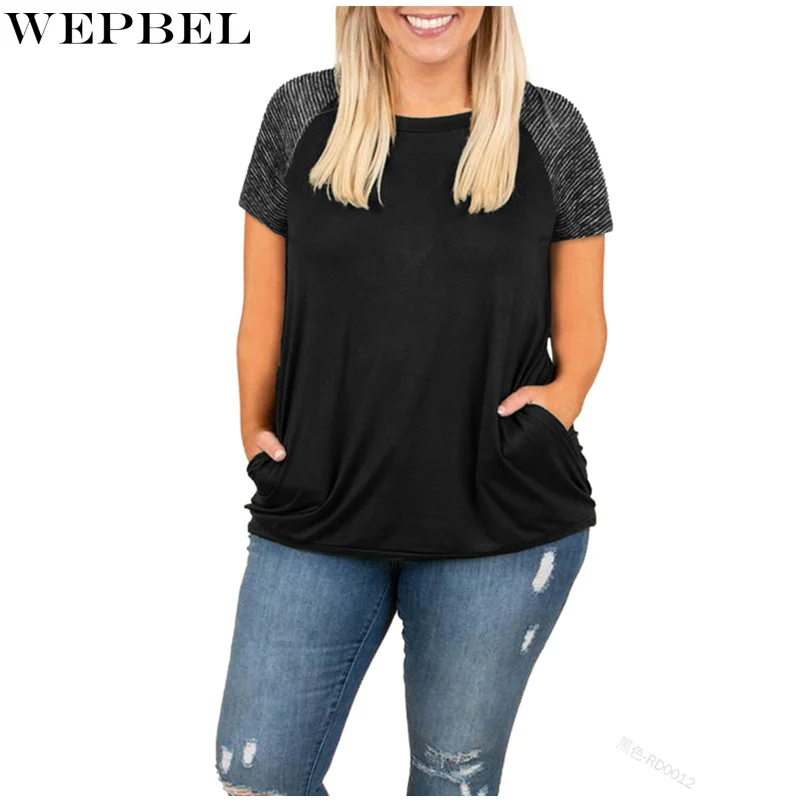 

WEPBEL Plus Size Casual Women's Shirt Ladies Short Sleeve Tops Patchwork Blouses Ladies Loose Round Neck Cotton T-shirts