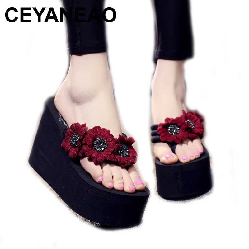 

Сандалии CEYANEAO женские на очень высокой танкетке, пляжные шлепанцы с цветами, повседневная обувь на платформе, летние