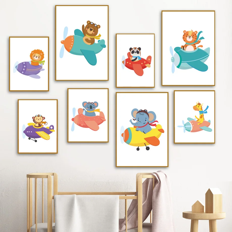 

Pilots Animals Fly Planes Lion Elephant Giraffe Panda Wall Art Print Canvas Painting Nordic Poster Wall Pictures kids Room Decor