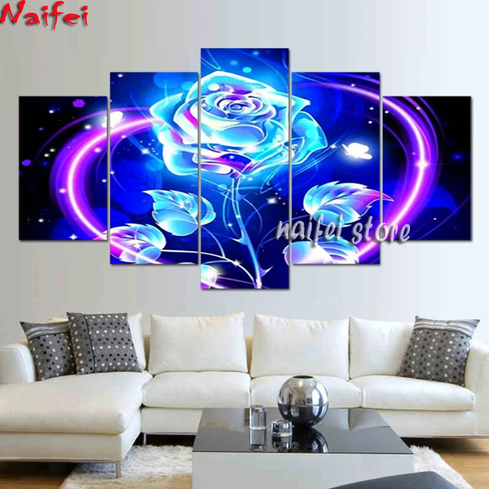 

5 pcs/set Full Square/Round Drill 5D DIY Diamond Painting Blue Shine Rose Flower 3D Diamond Embroidery Cross Stitch Home Decor