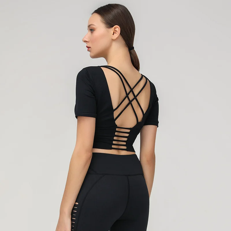 

New short-sleeved T-shirt women's yoga clothes with chest pads open back workout top