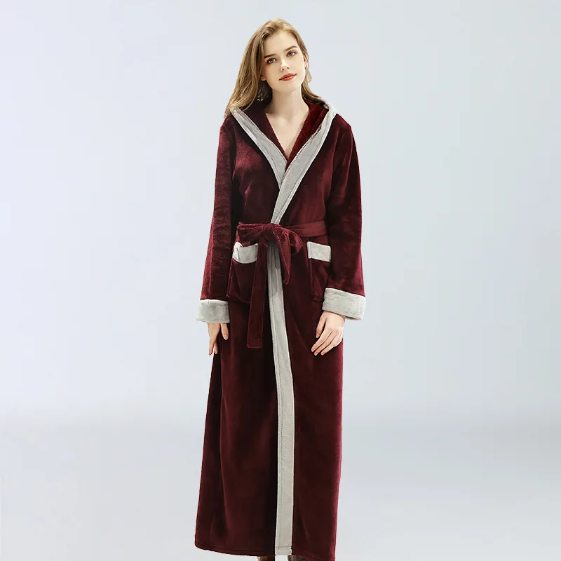 Dark red Рождественские красные женские зимние толстые теплые халаты фланелевый Халат длинный с капюшоном со шляпой пижамы мягкие удлиненные женские пижамы халат - Цвет: Dark red