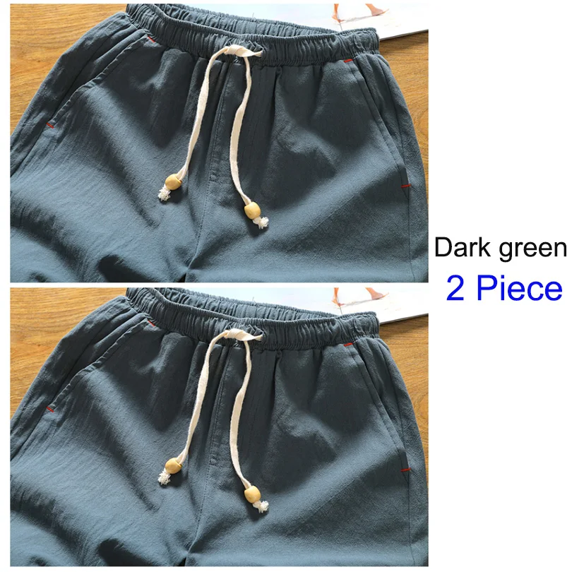 Dark green 2 Piece Брендовые мужские шорты высокого качества из льна и хлопка, удобные повседневные спортивные шорты, мужские уличные однотонные модные шорты, мужские FK66-1 - Цвет: Dark green 2 Piece