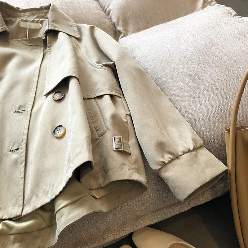 

Spring Korean Women's Short Trench Loose Turn-down Collar Button Pockets Long Sleeve Female Trenches 2021 Vintage Ladies Coat