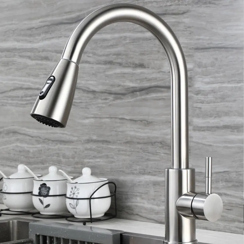 

Brushed Nickel Kitchen Faucet Single Hole Mixer Tap Pull Out Spout Kitchen Sink 2 Function Stream Sprayer Head Chrome Taps